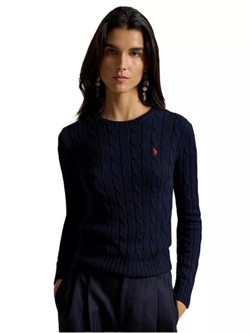 Polo/Ralph Lauren Navy Cable-Knit Crewneck Sweater with White Polo Logo
